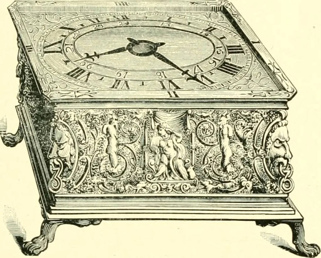 An illustration from Old clocks and watches & their makers, being an historical and descriptive account of the different styles of clocks and watches of the past, in England and abroad, to which is added a list of ten thousand makers, 1904, leaf 136