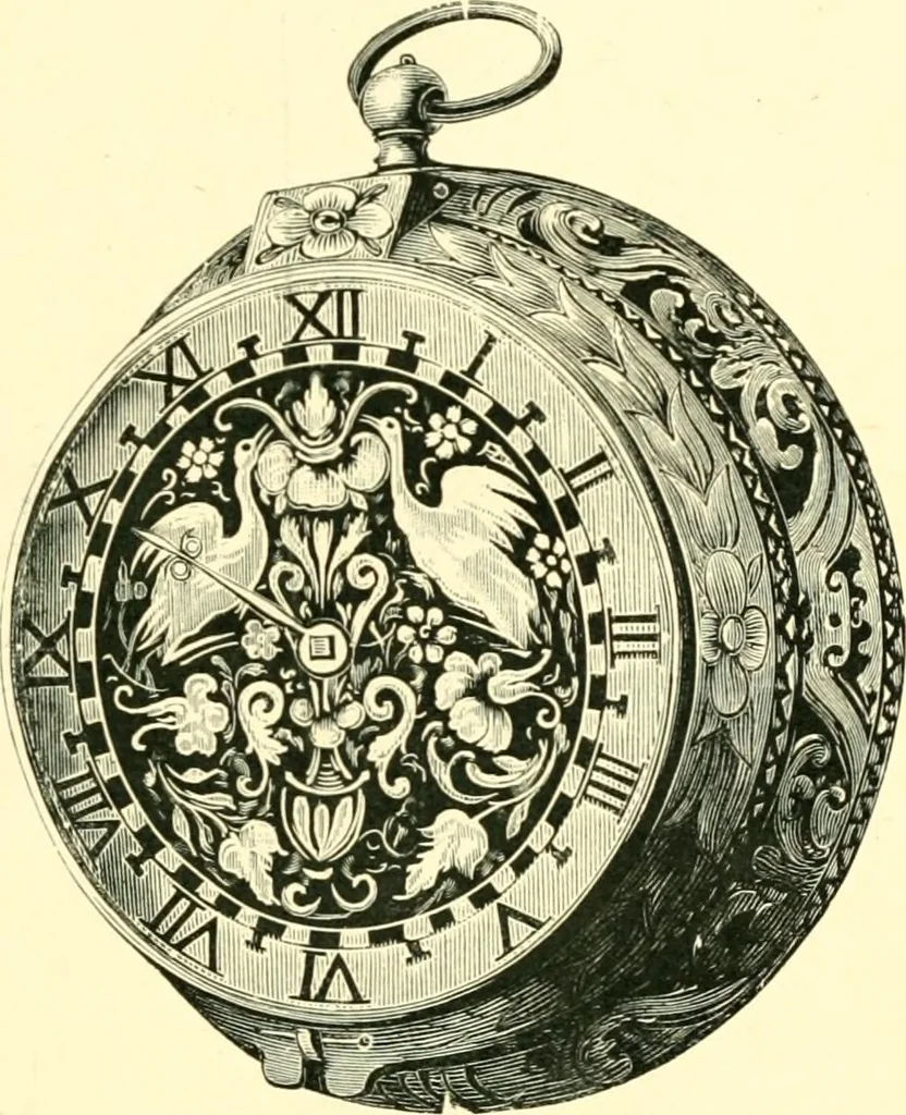 An illustration from Old clocks and watches & their makers, being an historical and descriptive account of the different styles of clocks and watches of the past, in England and abroad, to which is added a list of ten thousand makers, 1904, leaf 154