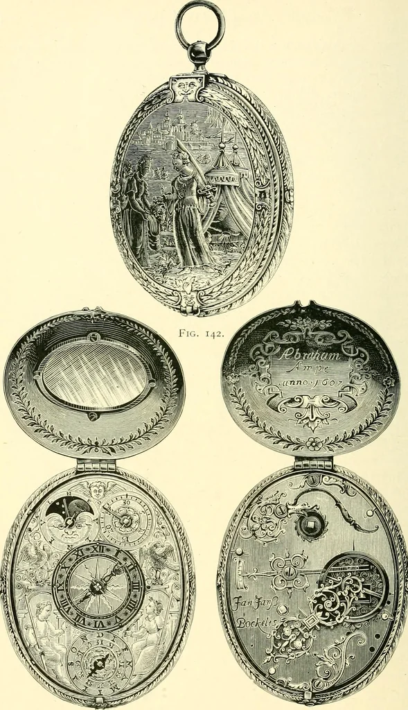 An illustration from Old clocks and watches & their makers, being an historical and descriptive account of the different styles of clocks and watches of the past, in England and abroad, to which is added a list of ten thousand makers, 1904, leaf 155