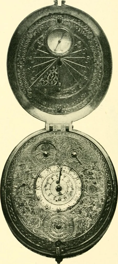 An illustration from Old clocks and watches & their makers, being an historical and descriptive account of the different styles of clocks and watches of the past, in England and abroad, to which is added a list of ten thousand makers, 1904, leaf 157
