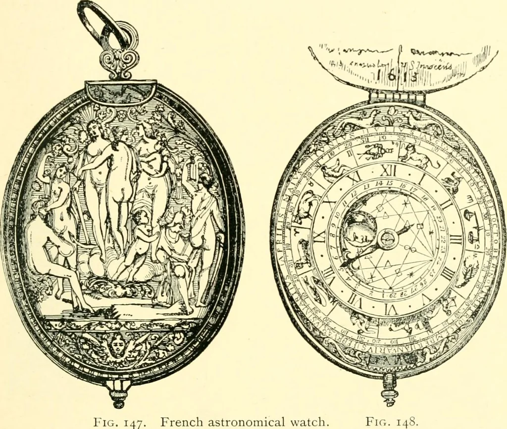 An illustration from Old clocks and watches & their makers, being an historical and descriptive account of the different styles of clocks and watches of the past, in England and abroad, to which is added a list of ten thousand makers, 1904, leaf 158