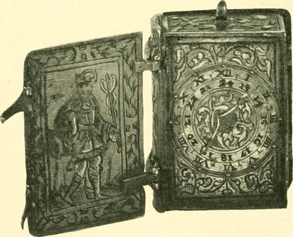 An illustration from Old clocks and watches & their makers, being an historical and descriptive account of the different styles of clocks and watches of the past, in England and abroad, to which is added a list of ten thousand makers, 1904, leaf 159