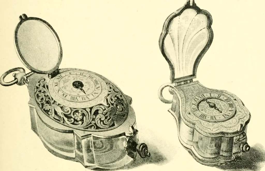 An illustration from Old clocks and watches & their makers, being an historical and descriptive account of the different styles of clocks and watches of the past, in England and abroad, to which is added a list of ten thousand makers, 1904, leaf 164