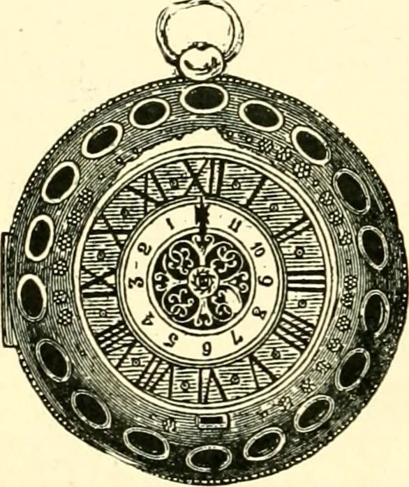 An illustration from Old clocks and watches & their makers, being an historical and descriptive account of the different styles of clocks and watches of the past, in England and abroad, to which is added a list of ten thousand makers, 1904, leaf 185