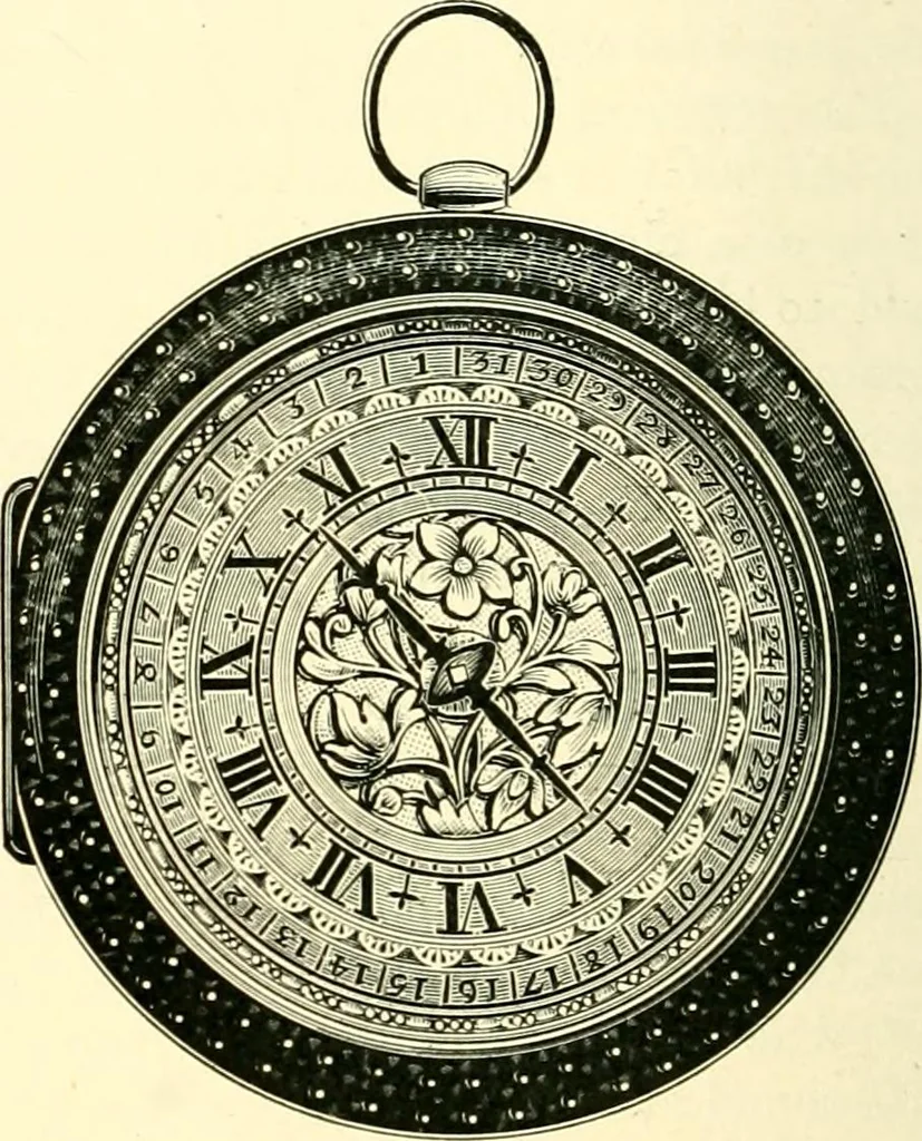 An illustration from Old clocks and watches & their makers, being an historical and descriptive account of the different styles of clocks and watches of the past, in England and abroad, to which is added a list of ten thousand makers, 1904, leaf 185