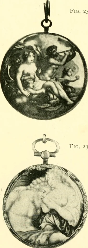 An illustration from Old clocks and watches & their makers, being an historical and descriptive account of the different styles of clocks and watches of the past, in England and abroad, to which is added a list of ten thousand makers, 1904, leaf 198