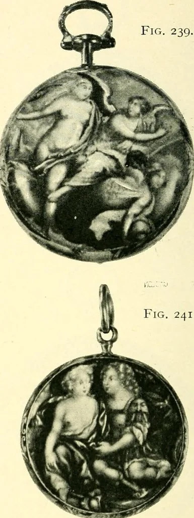 An illustration from Old clocks and watches & their makers, being an historical and descriptive account of the different styles of clocks and watches of the past, in England and abroad, to which is added a list of ten thousand makers, 1904, leaf 199