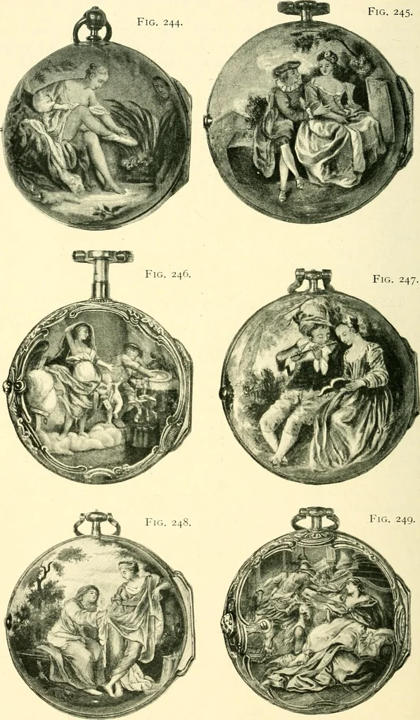 An illustration from Old clocks and watches & their makers, being an historical and descriptive account of the different styles of clocks and watches of the past, in England and abroad, to which is added a list of ten thousand makers, 1904, leaf 201