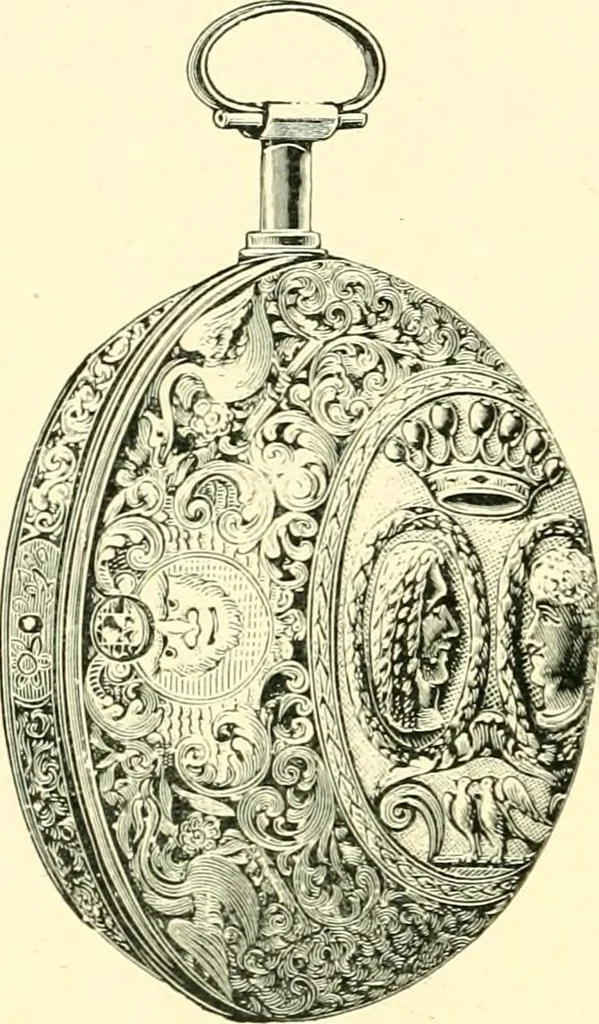 An illustration from Old clocks and watches & their makers, being an historical and descriptive account of the different styles of clocks and watches of the past, in England and abroad, to which is added a list of ten thousand makers, 1904, leaf 215