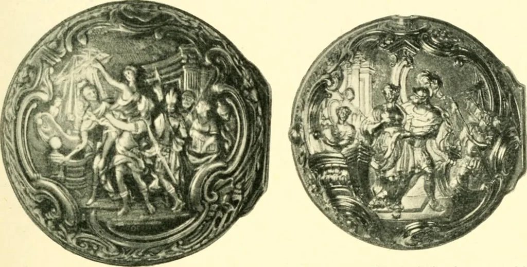 An illustration from Old clocks and watches & their makers, being an historical and descriptive account of the different styles of clocks and watches of the past, in England and abroad, to which is added a list of ten thousand makers, 1904, leaf 216