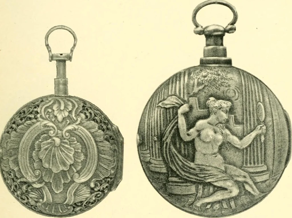 An illustration from Old clocks and watches & their makers, being an historical and descriptive account of the different styles of clocks and watches of the past, in England and abroad, to which is added a list of ten thousand makers, 1904, leaf 218