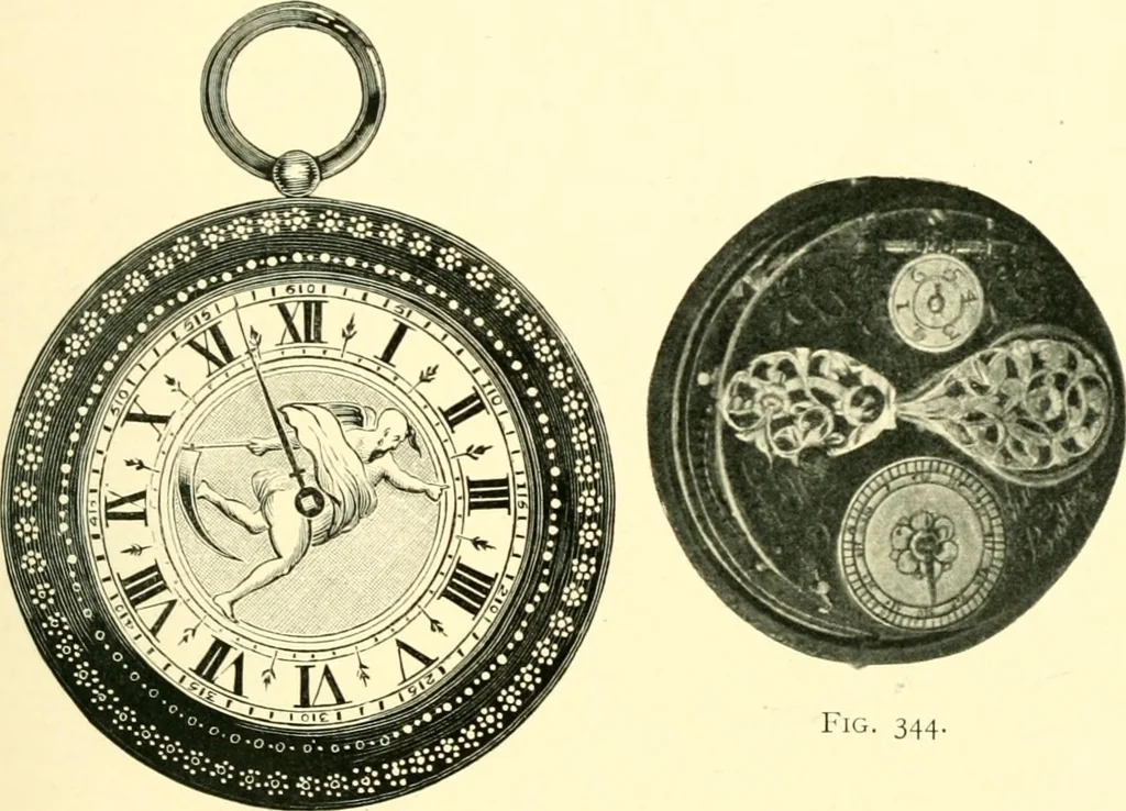 An illustration from Old clocks and watches & their makers, being an historical and descriptive account of the different styles of clocks and watches of the past, in England and abroad, to which is added a list of ten thousand makers, 1904, leaf 238