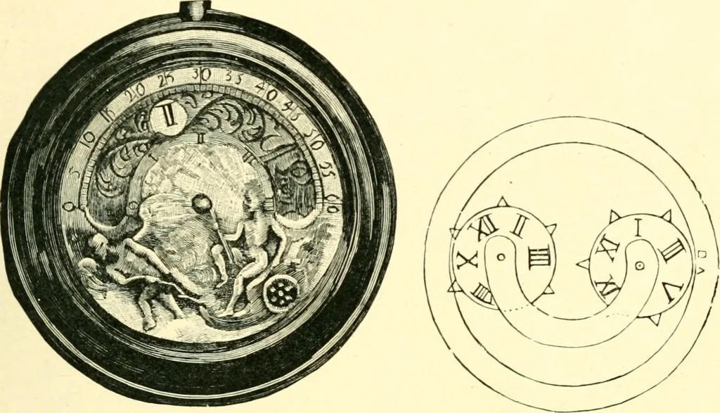 An illustration from Old clocks and watches & their makers, being an historical and descriptive account of the different styles of clocks and watches of the past, in England and abroad, to which is added a list of ten thousand makers, 1904, leaf 242