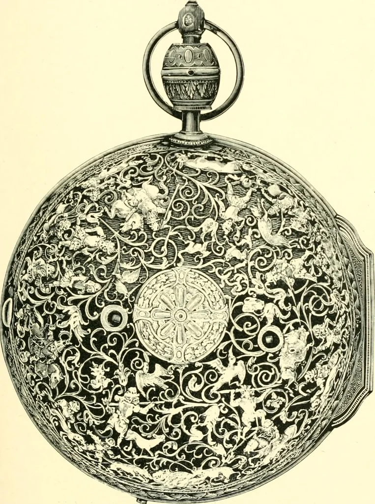 An illustration from Old clocks and watches & their makers, being an historical and descriptive account of the different styles of clocks and watches of the past, in England and abroad, to which is added a list of ten thousand makers, 1904, leaf 256