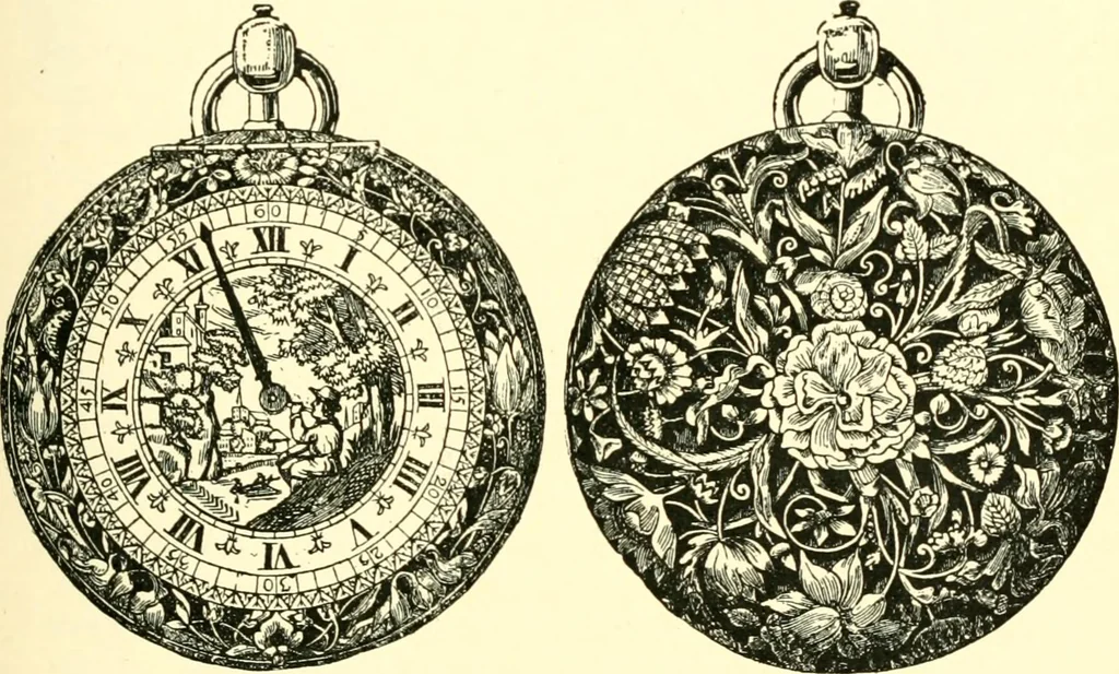 An illustration from Old clocks and watches & their makers, being an historical and descriptive account of the different styles of clocks and watches of the past, in England and abroad, to which is added a list of ten thousand makers, 1904, leaf 276
