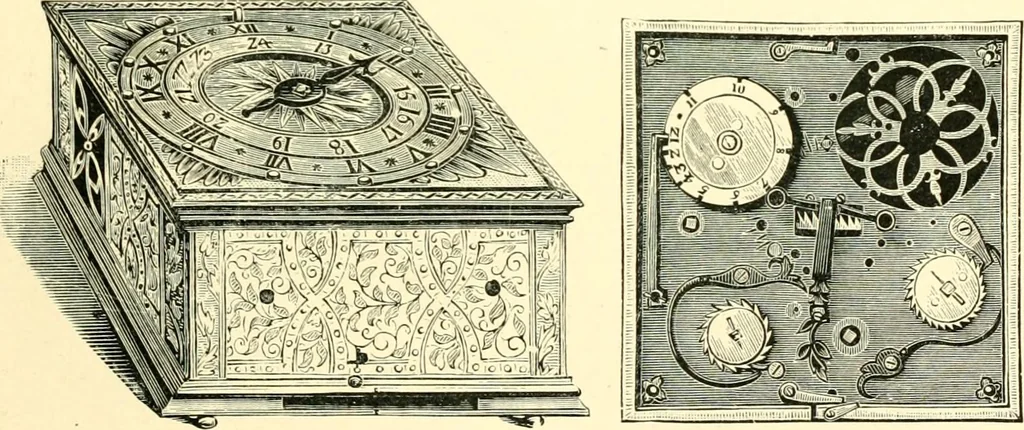 An illustration from Old clocks and watches & their makers, being an historical and descriptive account of the different styles of clocks and watches of the past, in England and abroad, to which is added a list of ten thousand makers, 1904, leaf 82