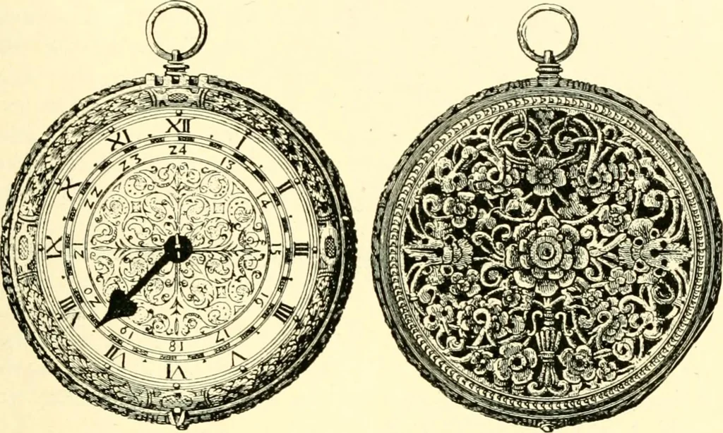 An illustration from Old clocks and watches & their makers, being an historical and descriptive account of the different styles of clocks and watches of the past, in England and abroad, to which is added a list of ten thousand makers, 1904, leaf 90