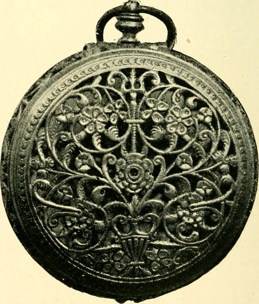 An illustration from Old clocks and watches & their makers, being an historical and descriptive account of the different styles of clocks and watches of the past, in England and abroad, to which is added a list of ten thousand makers, 1904, leaf 91