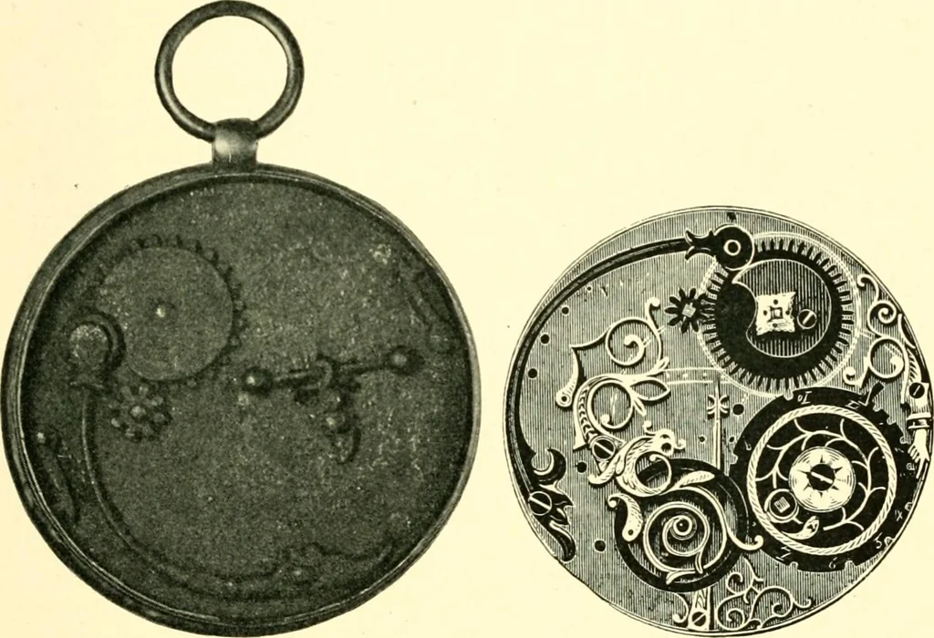 An illustration from Old clocks and watches & their makers, being an historical and descriptive account of the different styles of clocks and watches of the past, in England and abroad, to which is added a list of ten thousand makers, 1904, leaf 94