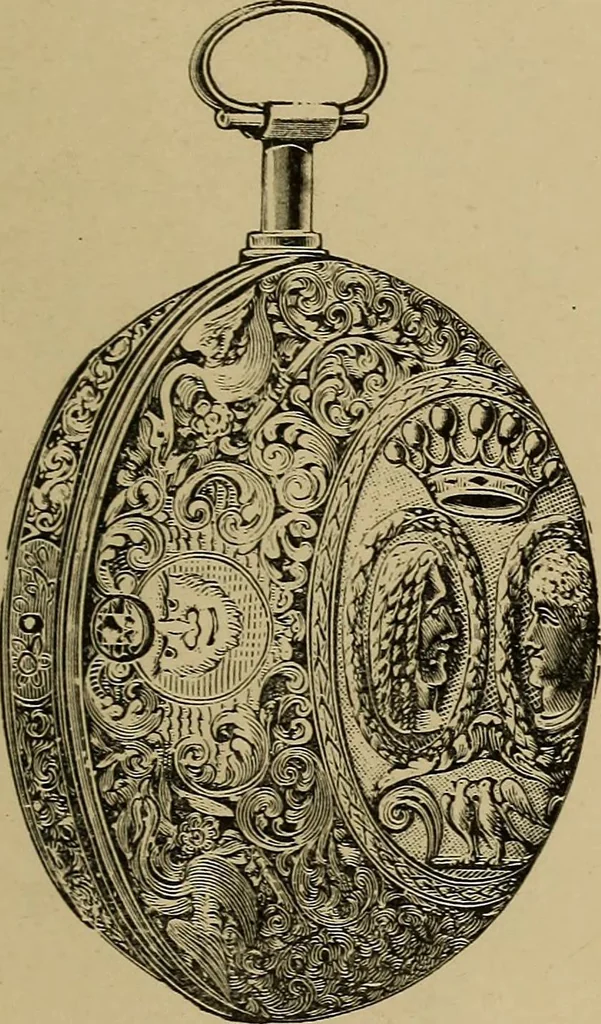 An illustration from Old clocks and watches & their makers : being an historical and descriptive account of the different styles of clocks and watches of the past, in England and abroad, to which is added a list of nearly twelve thousand makers, 1922, leaf 218