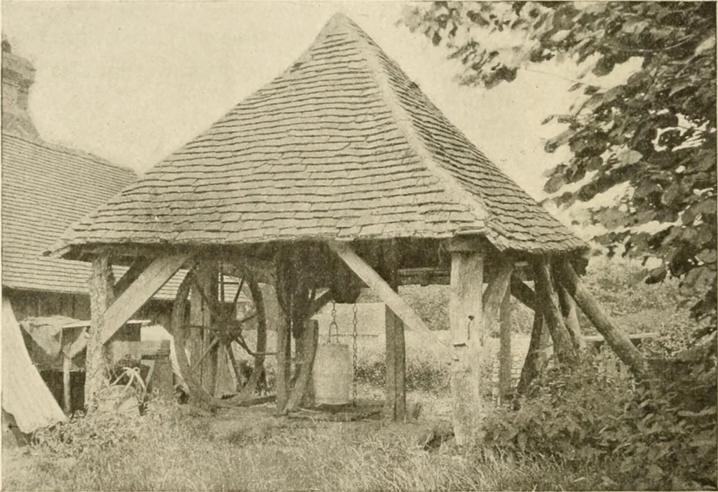 An illustration from Old cottages & farm-houses in Surrey / illustrated on one hundred collotype plates from photographs specially taken by W. Galsworthy Davie, with an introduction and numerous sketches by W. Curtis Green, 1908, leaf 87