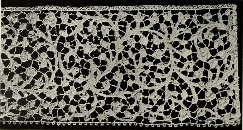 An illustration from Old lace : a handbook for collectors; an account of the different styles of lace, their history, characteristics & manufacture, 1908, leaf 105