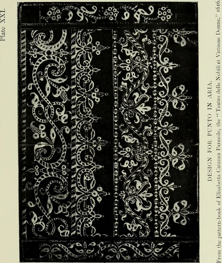 An illustration from Old lace : a handbook for collectors; an account of the different styles of lace, their history, characteristics & manufacture, 1908, leaf 74