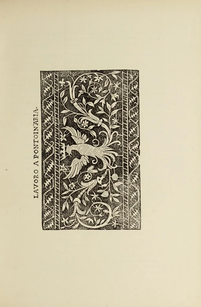 An illustration from Old and new lace in Italy, exhibited at Chicago in 1893. Dedicated to Her Majesty, Queen Margherita, 1893, leaf 23
