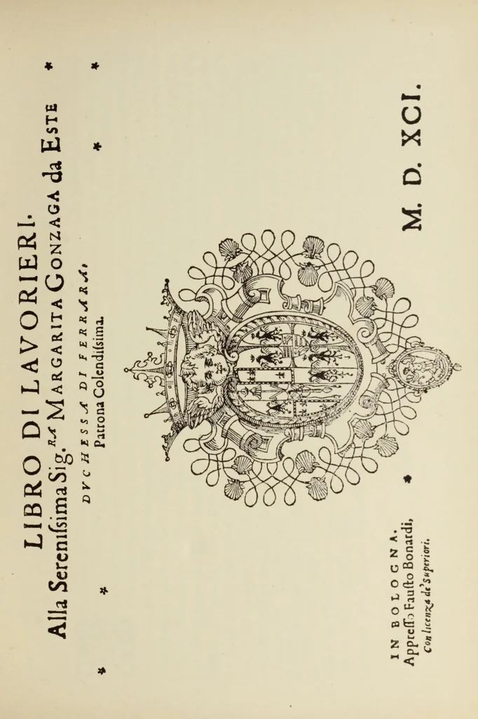 An illustration from Old and new lace in Italy, exhibited at Chicago in 1893. Dedicated to Her Majesty, Queen Margherita, 1893, leaf 7