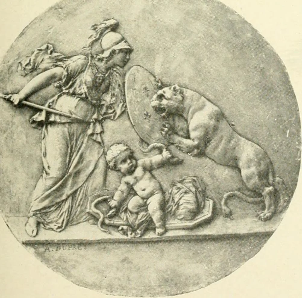 An illustration from Old paintings, drawings, miniatures, statuettes, busts, snuff boxes, bonbonnieres, medallions, medals, and other objects of art relating to America, 1913, leaf 76