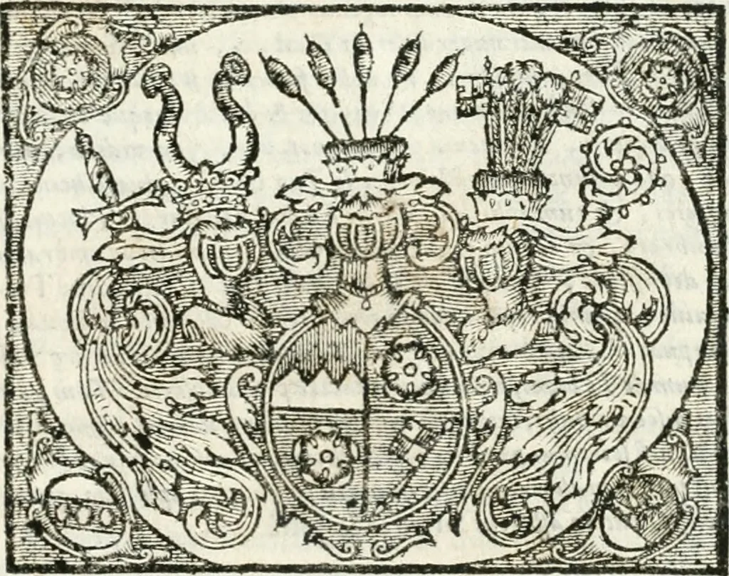 An illustration from Oliva lauro suaviter et juste sociata, quam juxta veterem illam curiae gnomen Herbipolis sola judicat, ense et stola, coronario opere contextam, recèns inuncto, ac mithrâ verendo vertici, reverendissimi, et celsissimi principis ac domini D. Ioannis Godefridi, S.R.I. principis ecclesiae Herbipolensis episcopi, Franciae Orientalis ducis, &c. principis ac domini nostri clementissimi ... : ipsâ solennis consecrationis festâ die 4. cal. januarij submississimo obsequio offerebat devotissimum Societatis Jesu Collegium Herbipoli, 1686, leaf 2