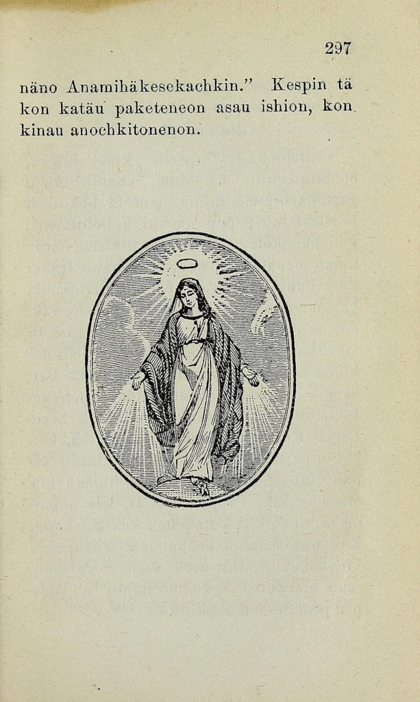An illustration from Omänomineu kächkenohamatwon kesekoch, katolik anamihäu masenachigon, 1882, leaf 317