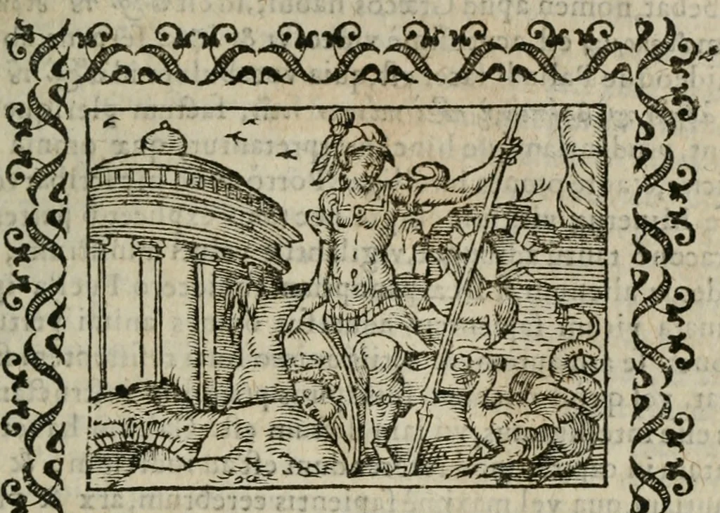 An illustration from Omnia Andreae Alciati v. c. emblemata : cum commentariis, quibus emblematum omnium aperta origine, mens authoris explicatur, & obscura omnia dubiaque illustrantur, 1583, leaf 118