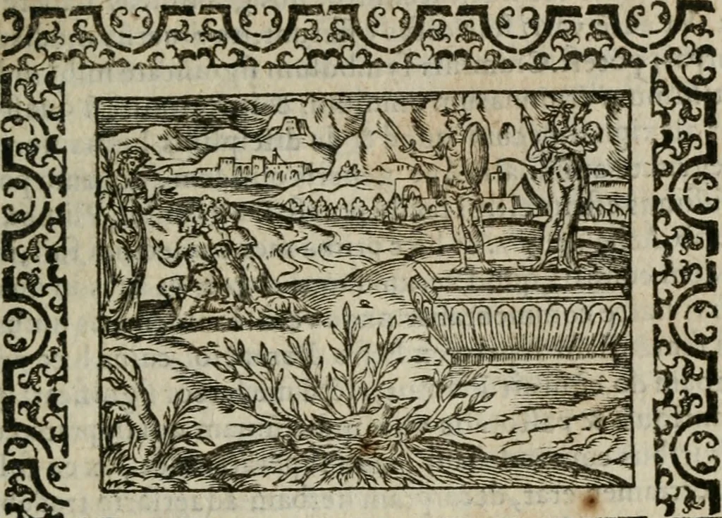 An illustration from Omnia Andreae Alciati v. c. emblemata : cum commentariis, quibus emblematum omnium aperta origine, mens authoris explicatur, & obscura omnia dubiaque illustrantur, 1583, leaf 136