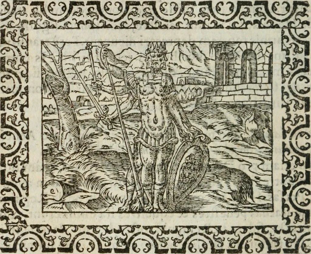 An illustration from Omnia Andreae Alciati v. c. emblemata : cum commentariis, quibus emblematum omnium aperta origine, mens authoris explicatur, & obscura omnia dubiaque illustrantur, 1583, leaf 185