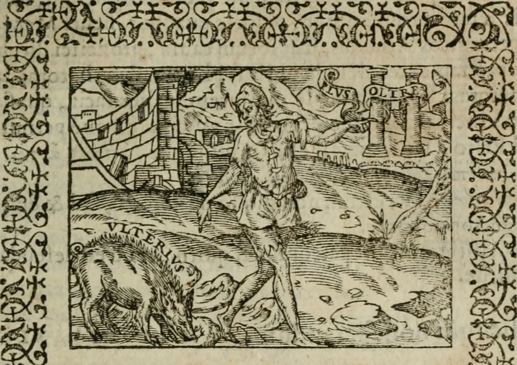 An illustration from Omnia Andreae Alciati v. c. emblemata : cum commentariis, quibus emblematum omnium aperta origine, mens authoris explicatur, & obscura omnia dubiaque illustrantur, 1583, leaf 202