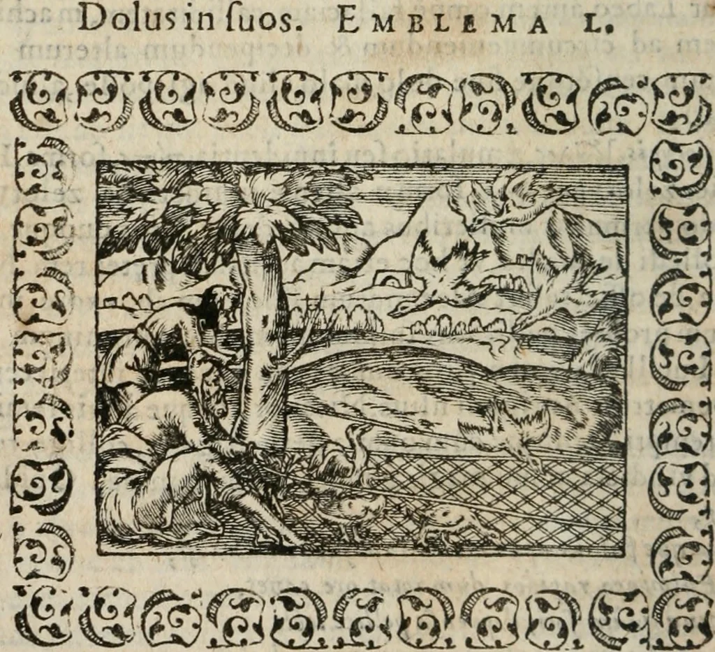 An illustration from Omnia Andreae Alciati v. c. emblemata : cum commentariis, quibus emblematum omnium aperta origine, mens authoris explicatur, & obscura omnia dubiaque illustrantur, 1583, leaf 213