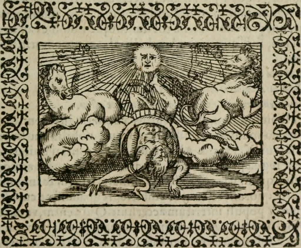 An illustration from Omnia Andreae Alciati v. c. emblemata : cum commentariis, quibus emblematum omnium aperta origine, mens authoris explicatur, & obscura omnia dubiaque illustrantur, 1583, leaf 228