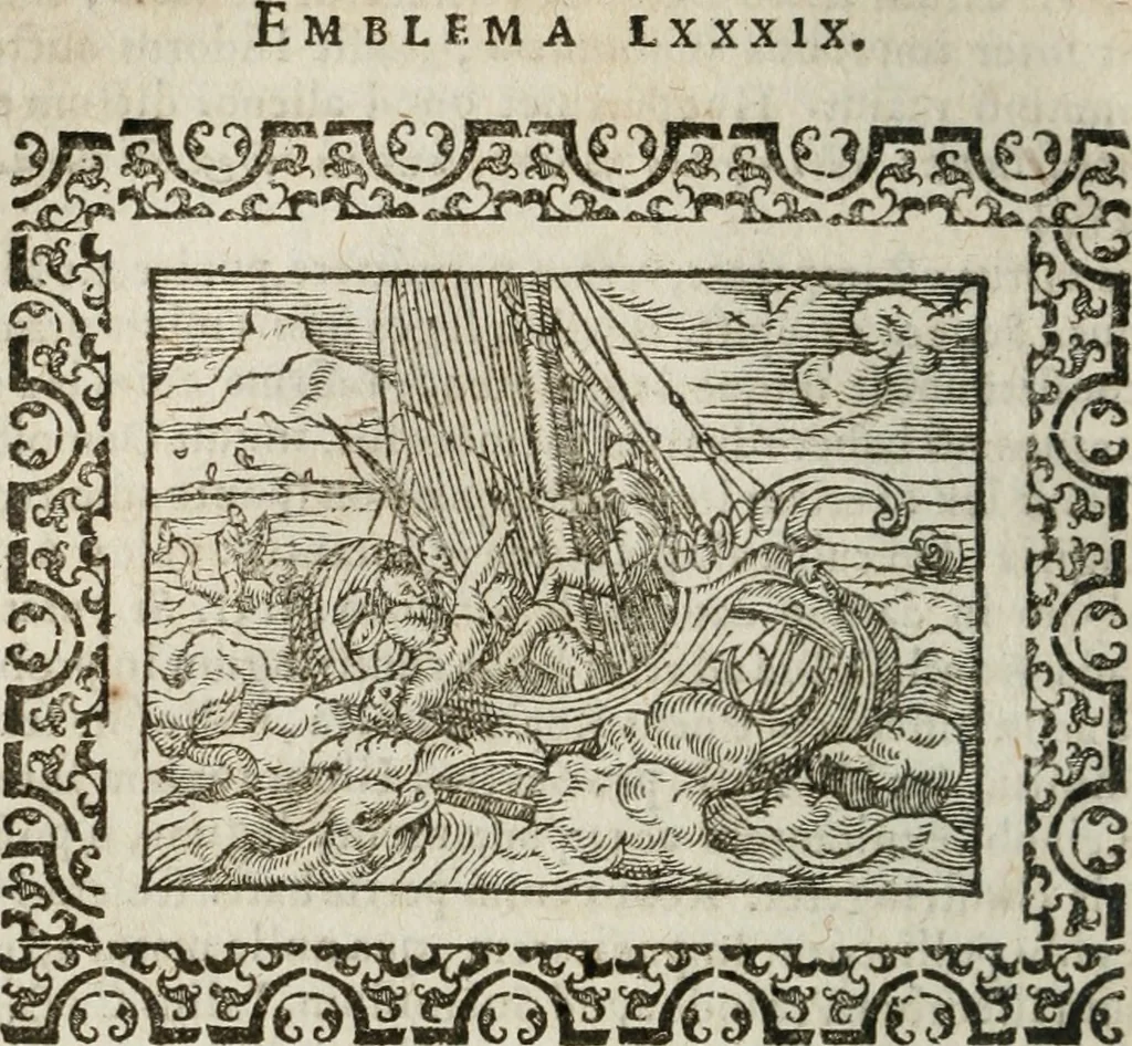 An illustration from Omnia Andreae Alciati v. c. emblemata : cum commentariis, quibus emblematum omnium aperta origine, mens authoris explicatur, & obscura omnia dubiaque illustrantur, 1583, leaf 319