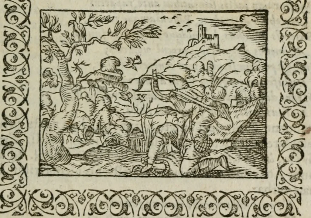 An illustration from Omnia Andreae Alciati v. c. emblemata : cum commentariis, quibus emblematum omnium aperta origine, mens authoris explicatur, & obscura omnia dubiaque illustrantur, 1583, leaf 358