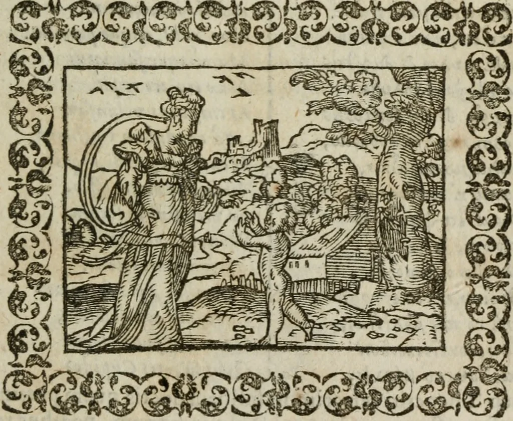 An illustration from Omnia Andreae Alciati v. c. emblemata : cum commentariis, quibus emblematum omnium aperta origine, mens authoris explicatur, & obscura omnia dubiaque illustrantur, 1583, leaf 384