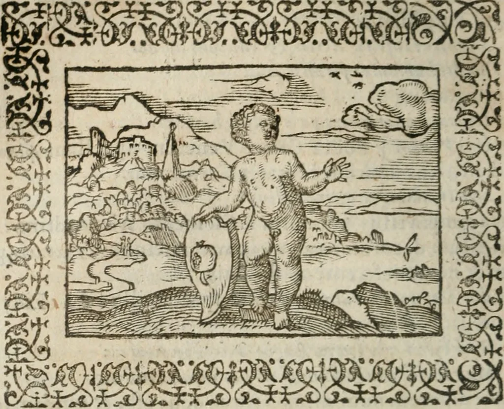 An illustration from Omnia Andreae Alciati v. c. emblemata : cum commentariis, quibus emblematum omnium aperta origine, mens authoris explicatur, & obscura omnia dubiaque illustrantur, 1583, leaf 387