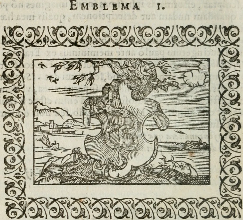 An illustration from Omnia Andreae Alciati v. c. emblemata : cum commentariis, quibus emblematum omnium aperta origine, mens authoris explicatur, & obscura omnia dubiaque illustrantur, 1583, leaf 39