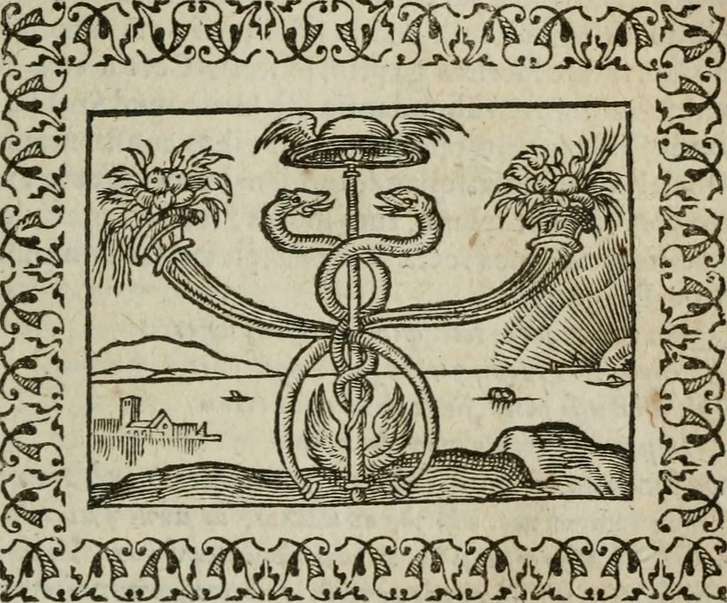 An illustration from Omnia Andreae Alciati v. c. emblemata : cum commentariis, quibus emblematum omnium aperta origine, mens authoris explicatur, & obscura omnia dubiaque illustrantur, 1583, leaf 414