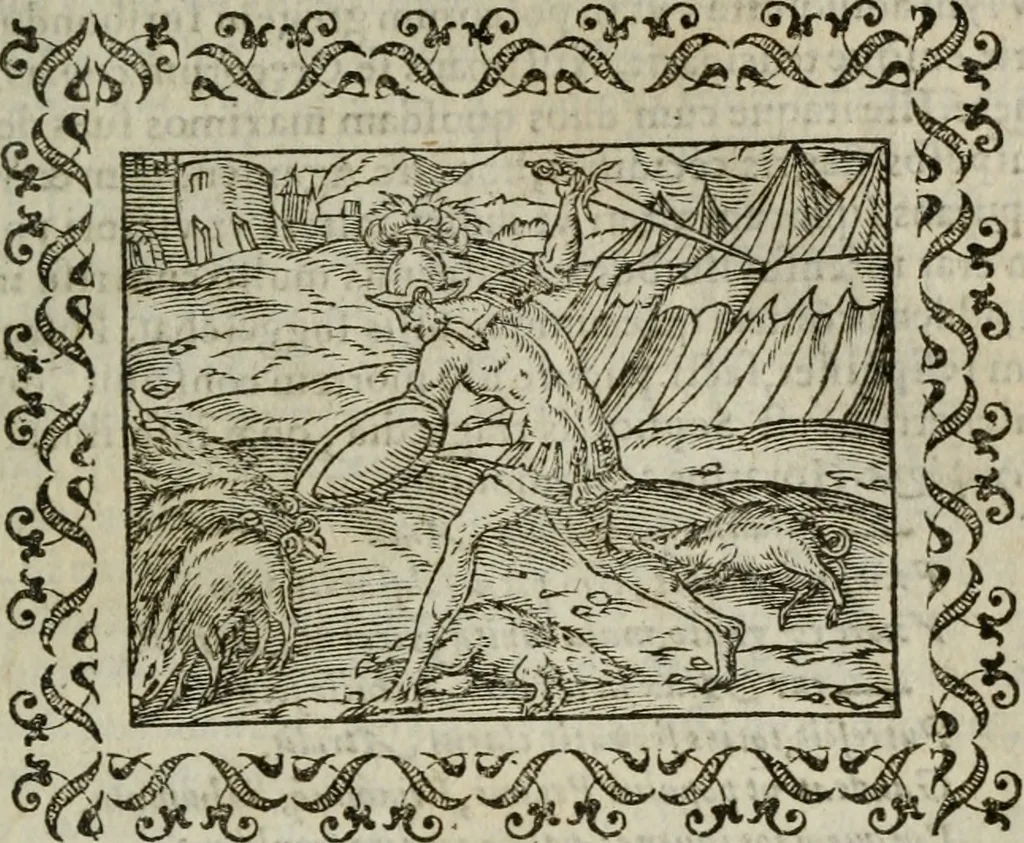 An illustration from Omnia Andreae Alciati v. c. emblemata : cum commentariis, quibus emblematum omnium aperta origine, mens authoris explicatur, & obscura omnia dubiaque illustrantur, 1583, leaf 574