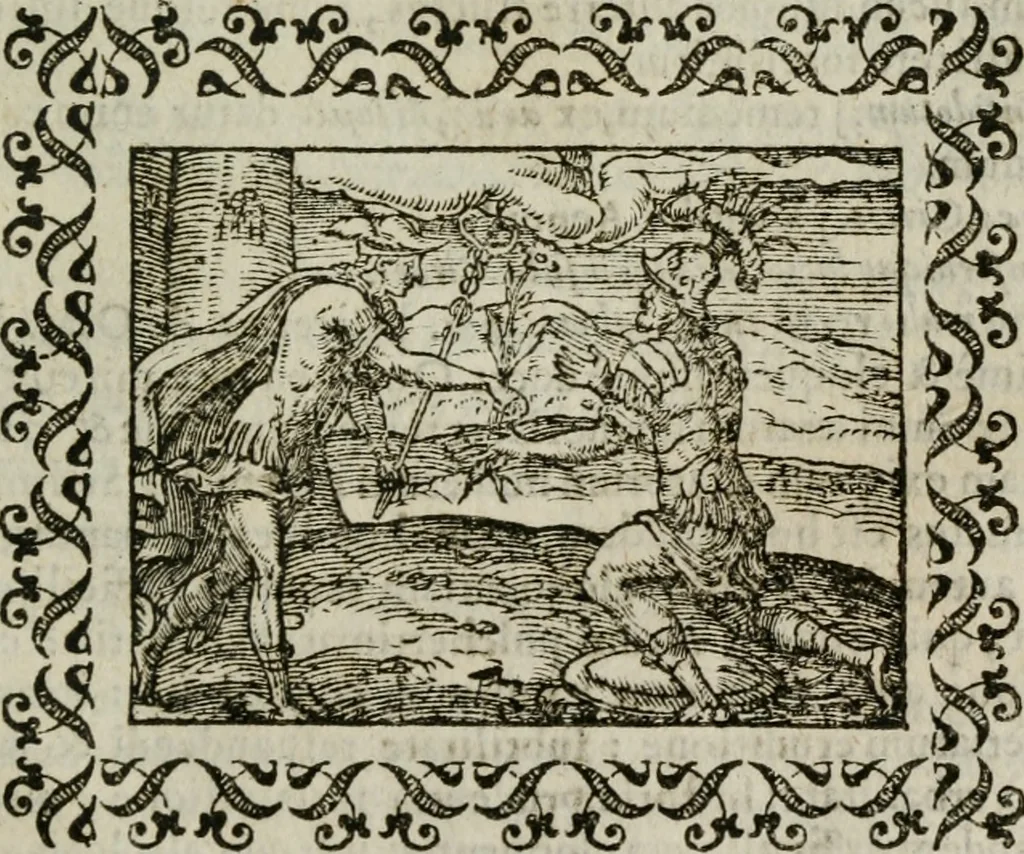 An illustration from Omnia Andreae Alciati v. c. emblemata : cum commentariis, quibus emblematum omnium aperta origine, mens authoris explicatur, & obscura omnia dubiaque illustrantur, 1583, leaf 598