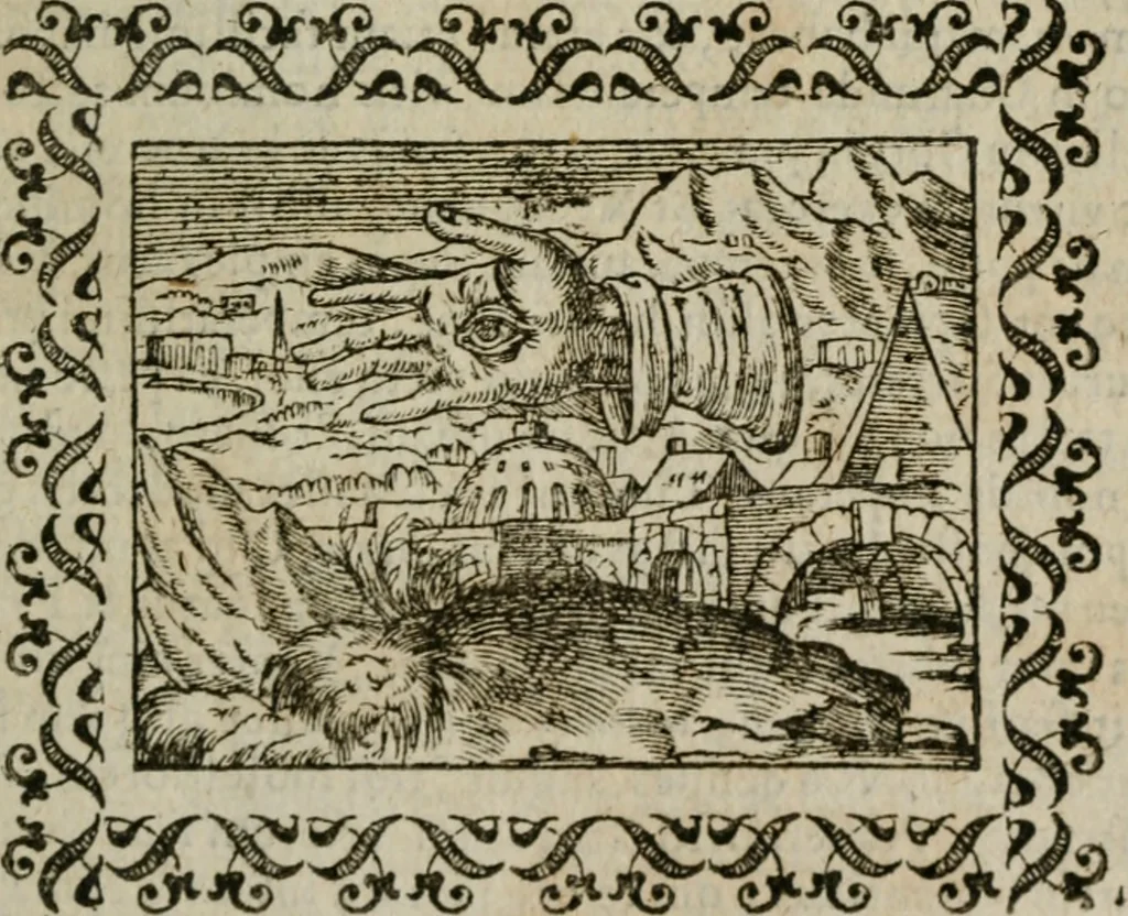 An illustration from Omnia Andreae Alciati v. c. emblemata : cum commentariis, quibus emblematum omnium aperta origine, mens authoris explicatur, & obscura omnia dubiaque illustrantur, 1583, leaf 98