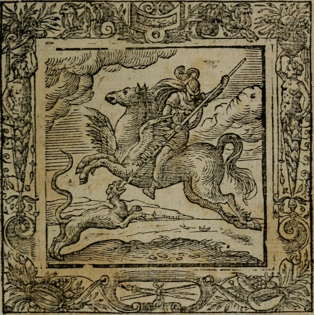 An illustration from Omnia Andreae Alciati v.c. emblemata : cum commentariis, quibus emblematum omnium aperta origine, mens auctoris explicatur, & obscura omnia dubiaque illustrantur, 1581, leaf 106