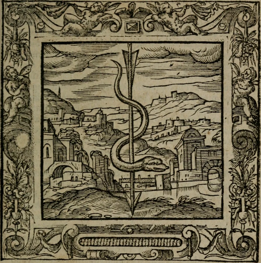 An illustration from Omnia Andreae Alciati v.c. emblemata : cum commentariis, quibus emblematum omnium aperta origine, mens auctoris explicatur, & obscura omnia dubiaque illustrantur, 1581, leaf 130