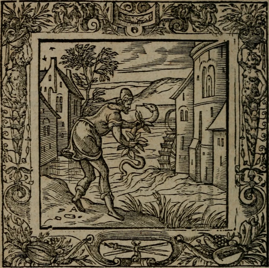 An illustration from Omnia Andreae Alciati v.c. emblemata : cum commentariis, quibus emblematum omnium aperta origine, mens auctoris explicatur, & obscura omnia dubiaque illustrantur, 1581, leaf 133